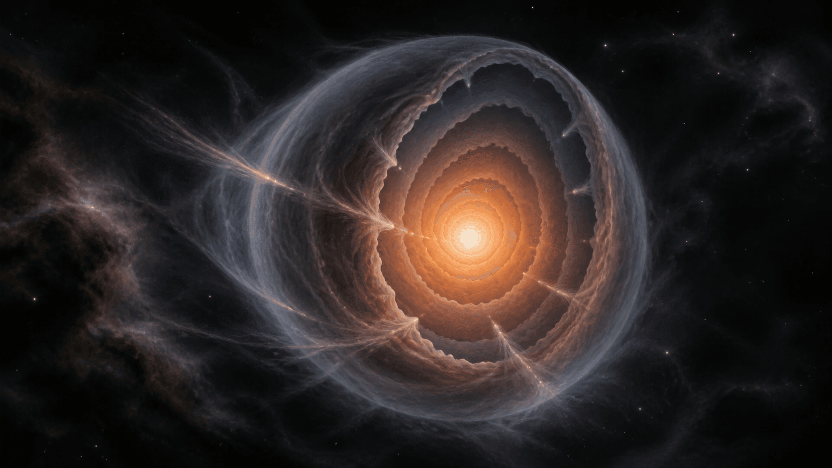 A scientific artistic cutaway of a contracting protostar with nested gas layers, inward motion, and a brightening hot centre.
