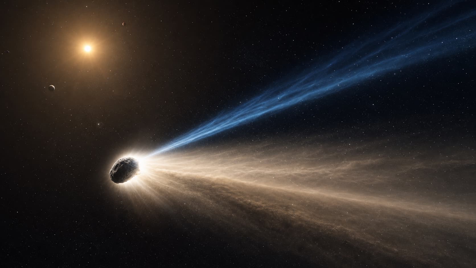 Active comet near the Sun with a bright coma, curved dust tail, and narrow blue ion tail.