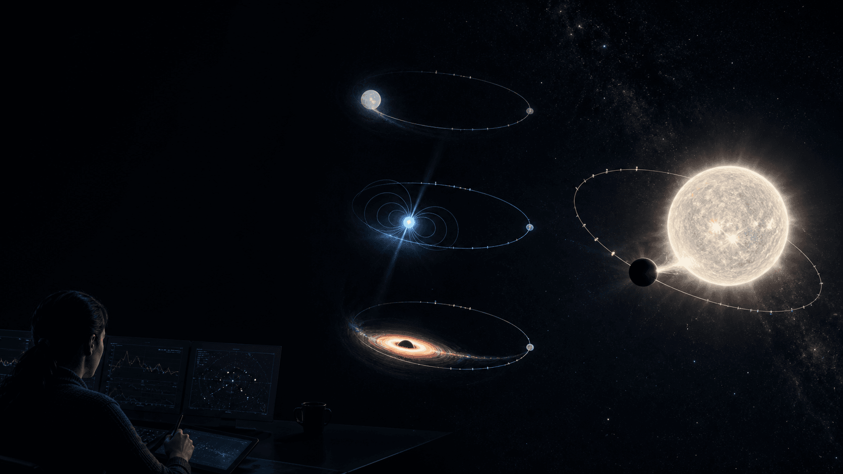 An astronomer compares white-dwarf, neutron-star, and black-hole interpretations against the orbit of one visible binary star.