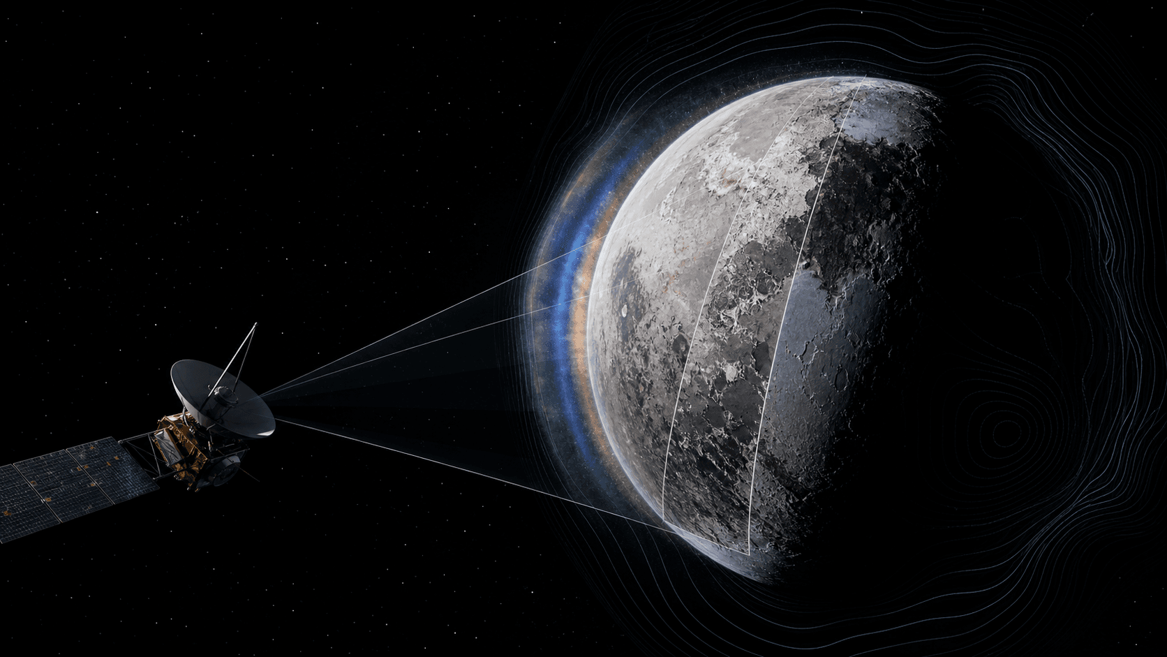 One unfamiliar world is examined by a spacecraft using spectral sensing, surface mapping, and gravity-field measurements.