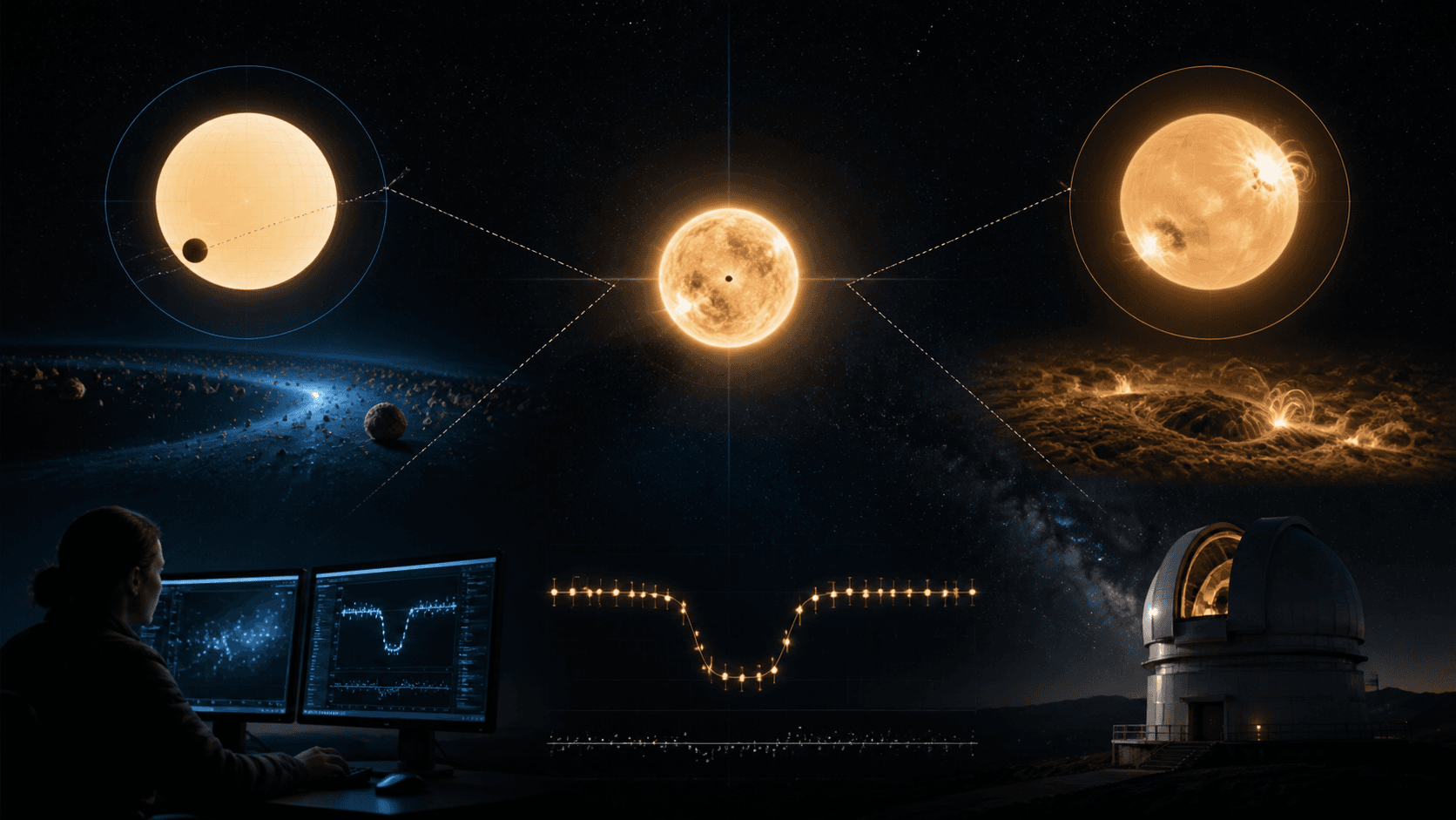 A variable star is shown with two plausible physical explanations and a measured dimming curve.