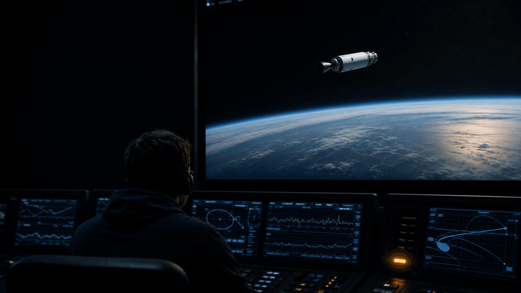 A learner operates a dark mission console while an upper stage coasts above Earth's limb.