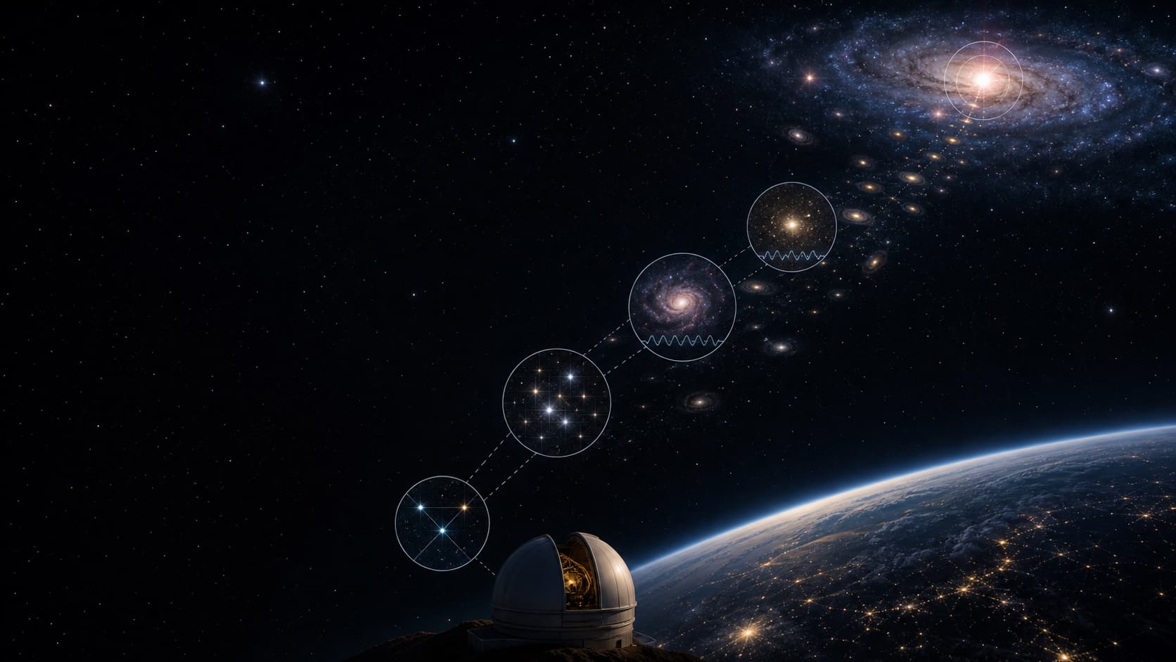 An observatory connects nearby stellar parallax, pulsating stars, supernovae, and distant galaxies in a calibrated chain.