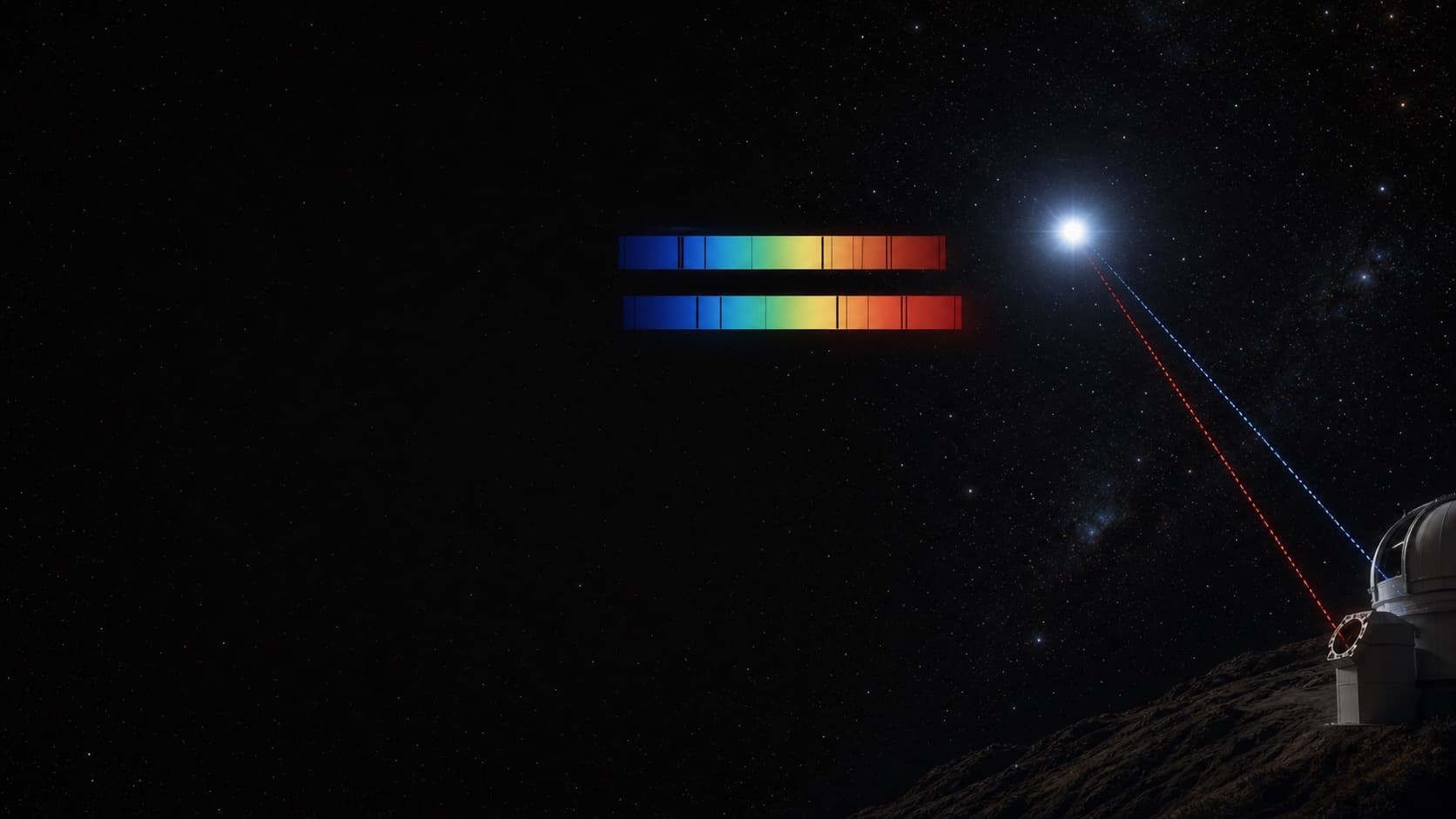 Two versions of a stellar spectrum show the same pattern shifted toward shorter and longer wavelengths.