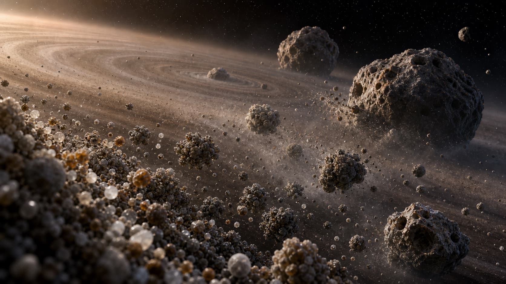 Artistic reconstruction of tiny grains, porous aggregates, and irregular planetesimals inside a young disk.