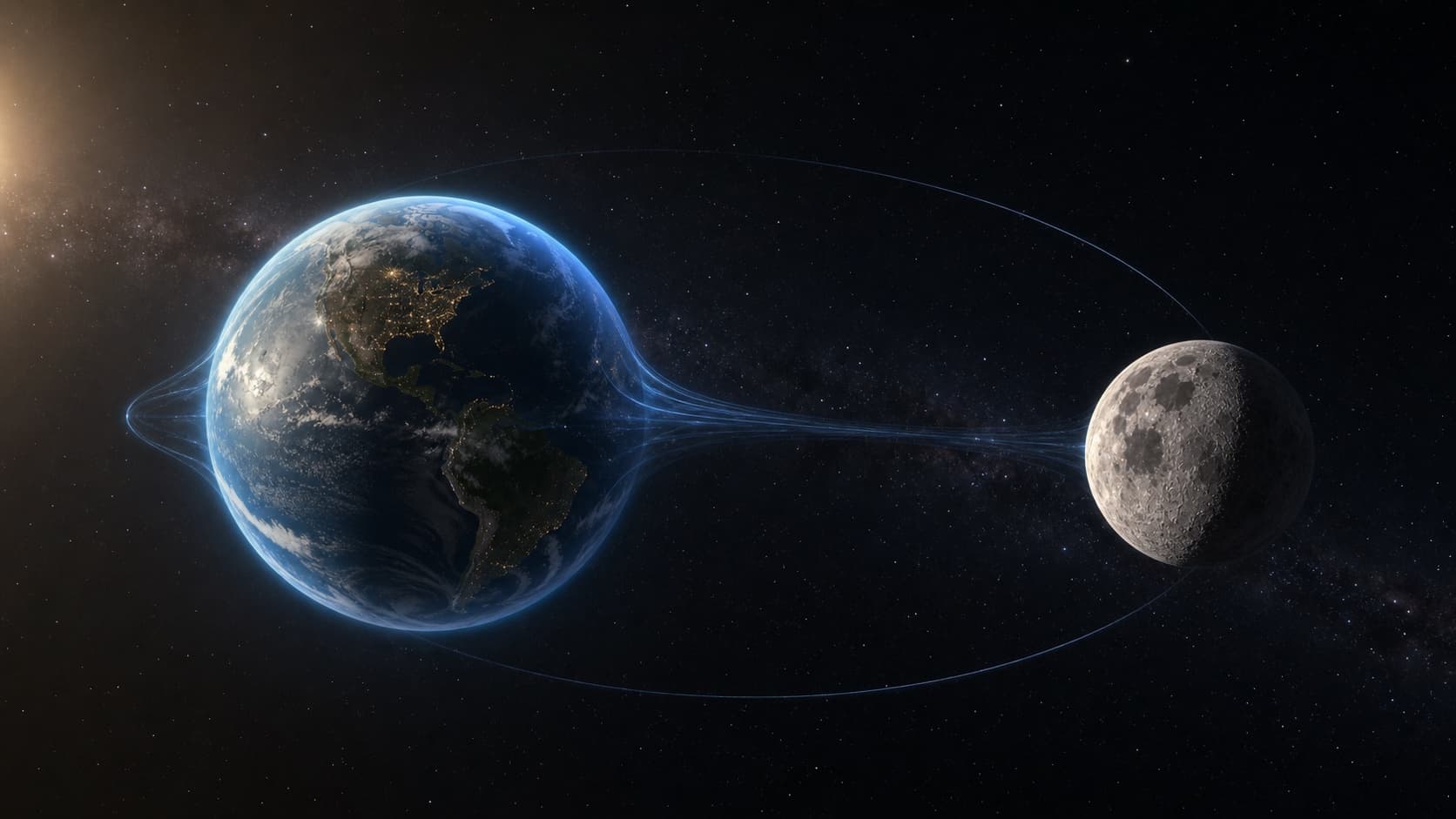 Artistic scientific reconstruction of Earth and the Moon connected by a subtle orbital arc and exaggerated tidal deformation cues.