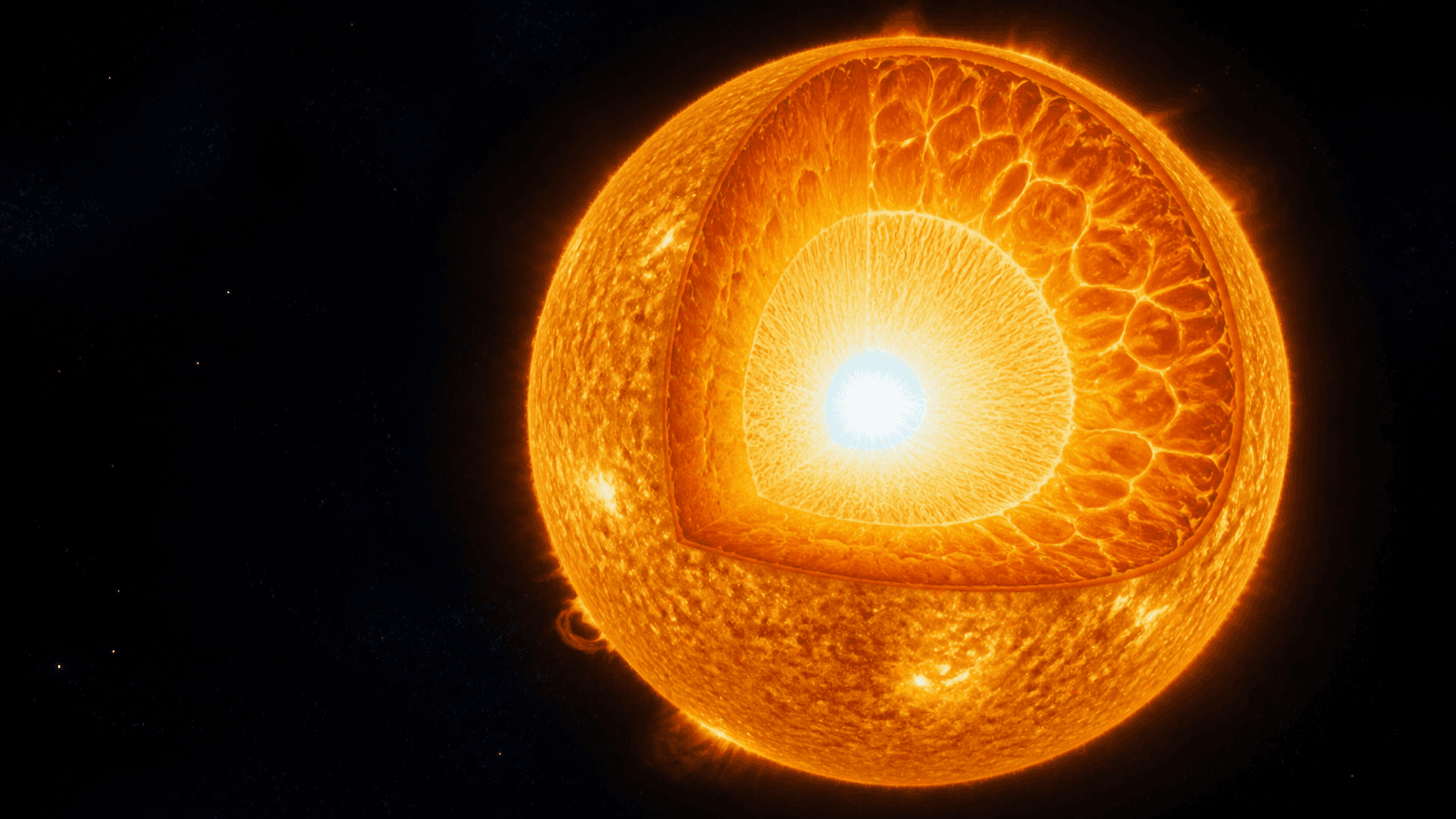 A Sun-like star shown as a restrained cutaway reconstruction with a brilliant core, a glowing inner region, and cellular outer layers.