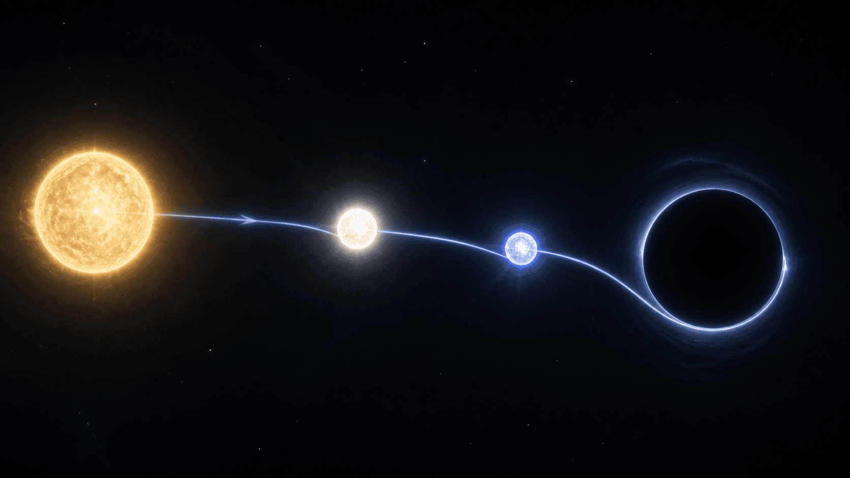 One solar mass is shown at progressively smaller radii as an outward light path approaches a dark horizon-scale boundary.