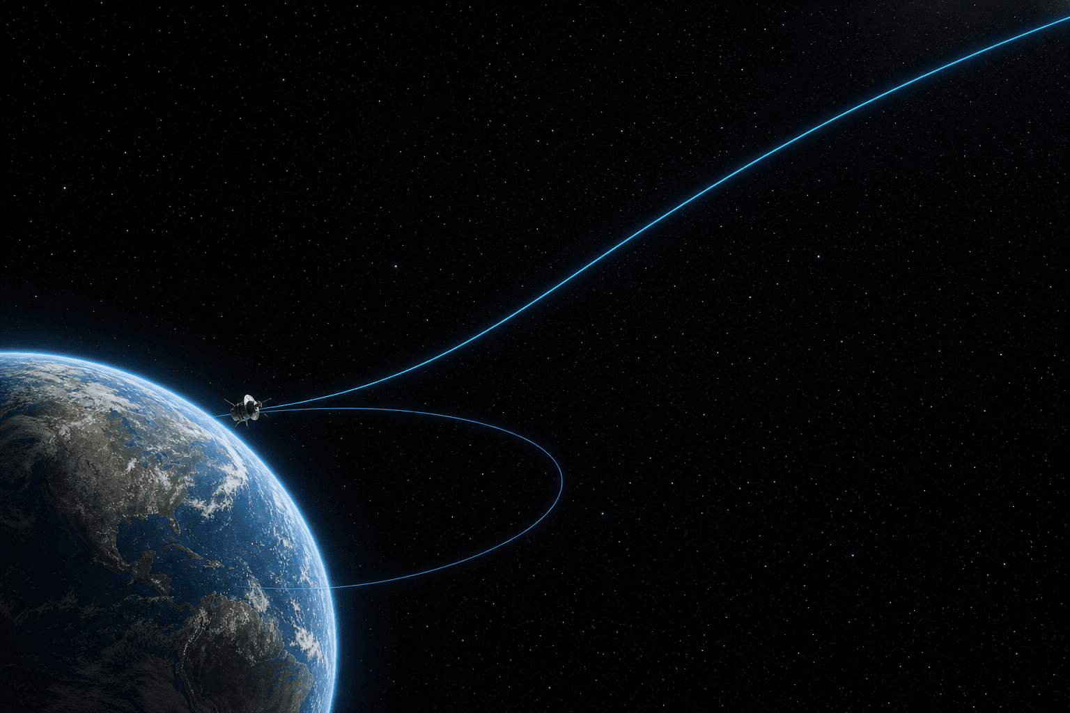 Earth with one closed orbital path and a second path opening toward deep space beside a small probe.