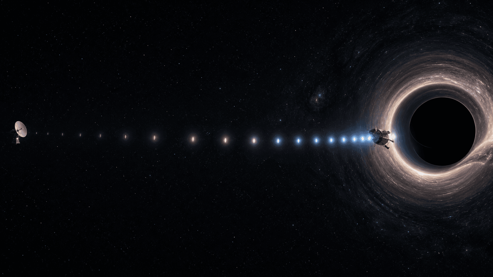 A probe falling toward a black hole sends blue pulses toward a distant radio dish; the pulses become redder, dimmer, and farther apart.