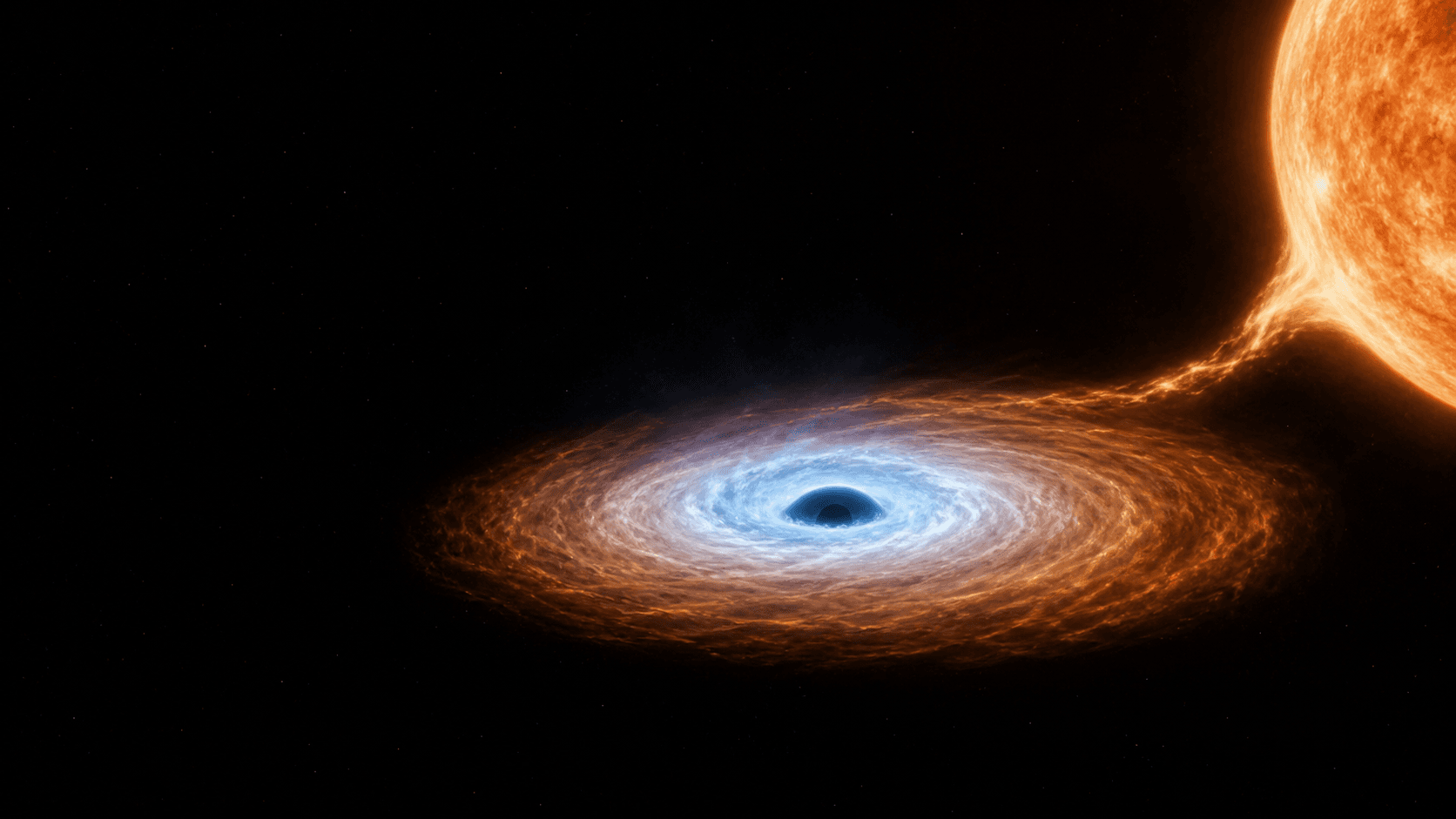Gas streams from a companion star into a thin accretion disk whose inner region becomes blue-white and X-ray hot outside an unseen black hole.