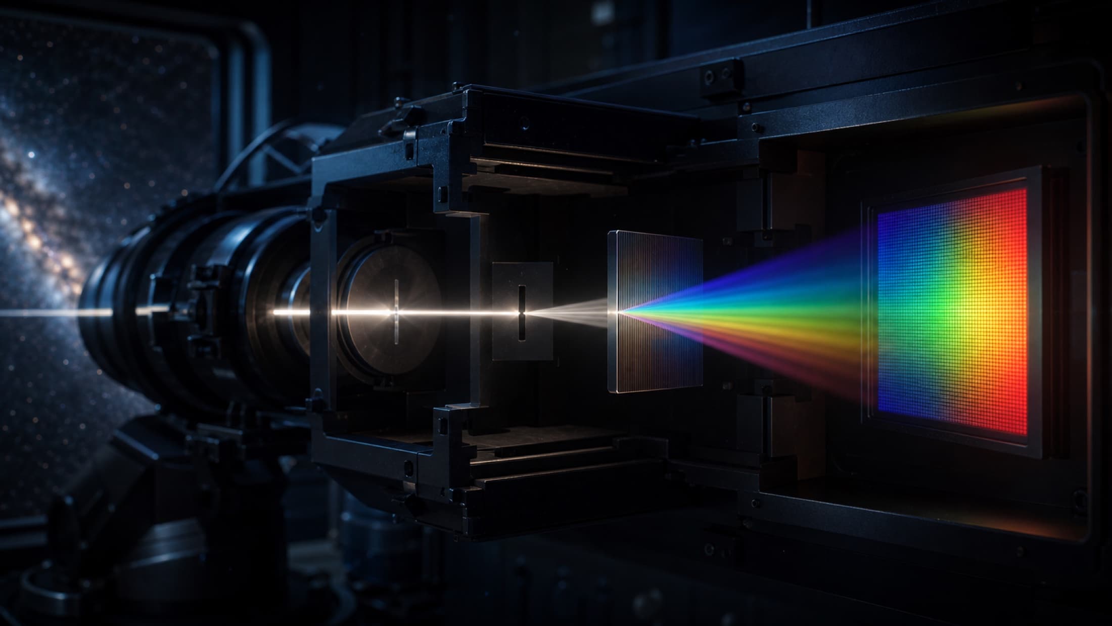 A narrow beam from a telescope passes through a slit and diffraction grating before spreading into a precise spectrum on a detector.