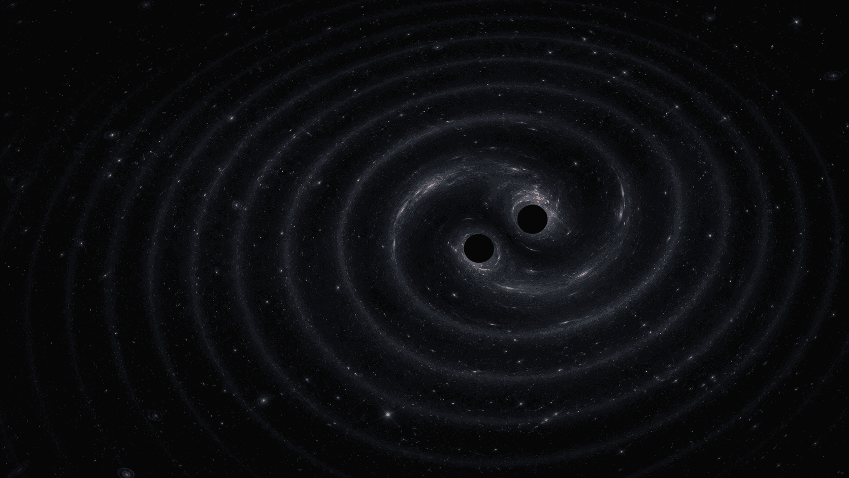 A restrained artistic reconstruction of two black holes spiralling together while broad gravitational-wave fronts spread through a star field.