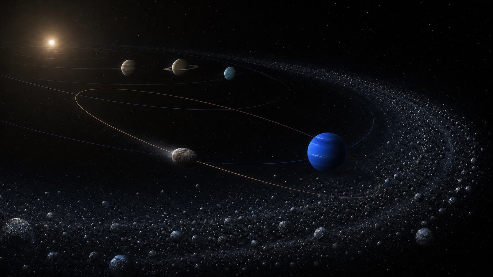 Jupiter, Saturn, Uranus, and Neptune with a small Centaur body crossing between giant-planet orbits.