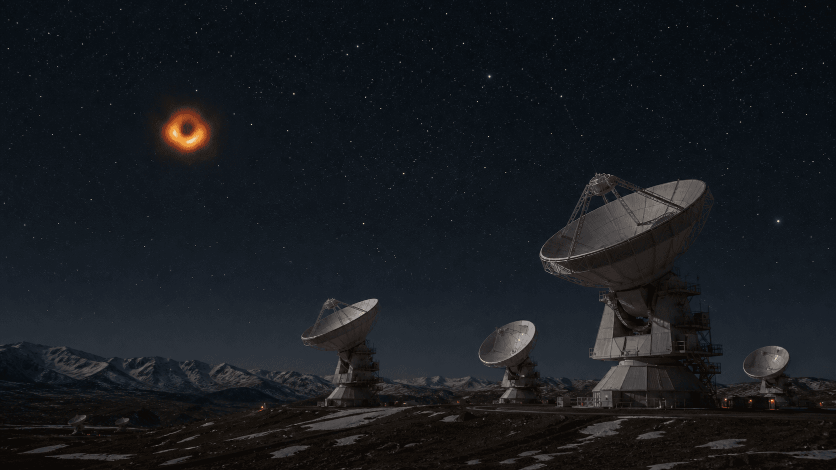 A restrained artistic scene of radio dishes under a dark sky with a small orange ring representing a horizon-scale radio target.