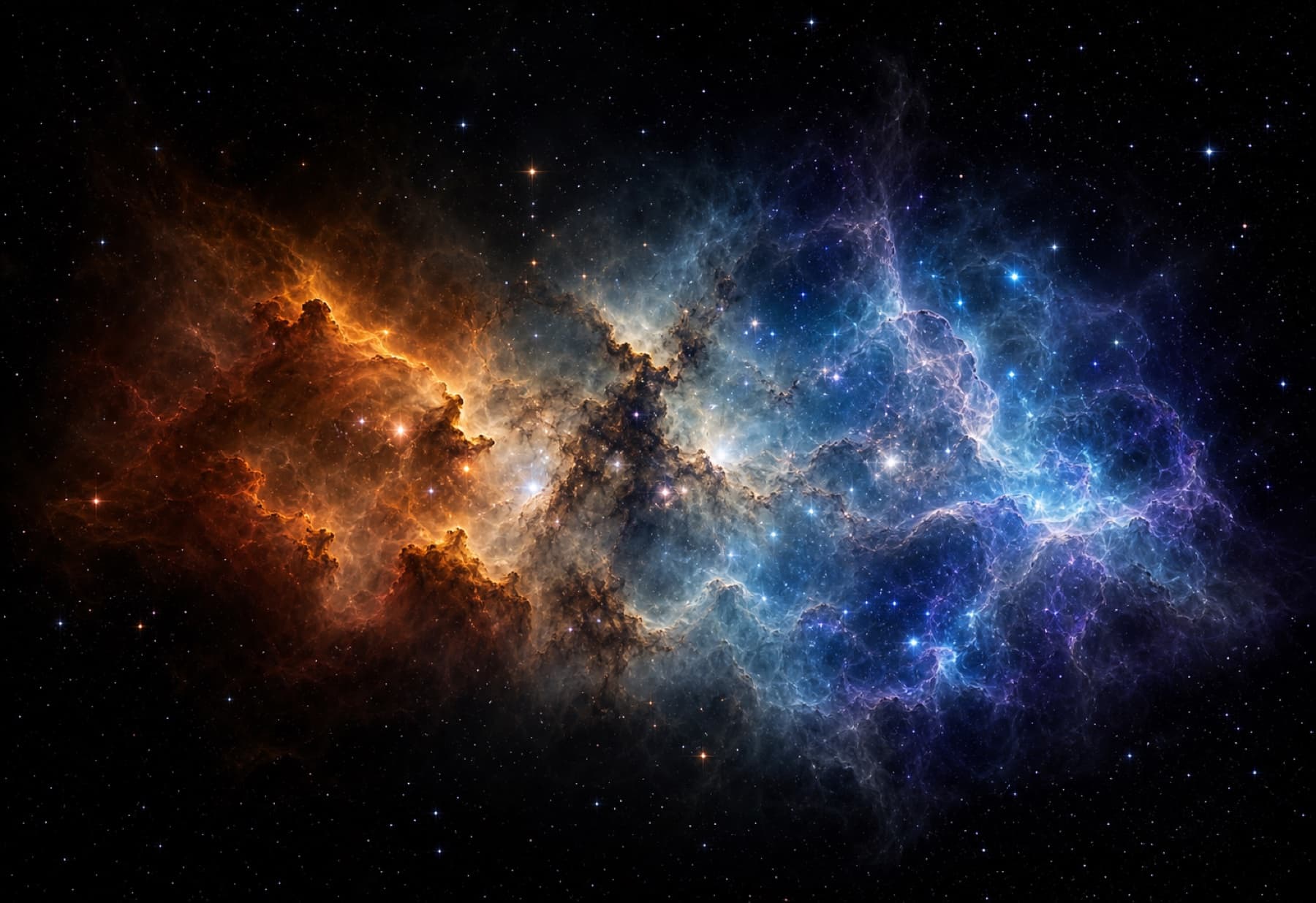 An artistic stellar nursery transitions from warm dusty structures through visible starlight to cool blue high-energy filaments.