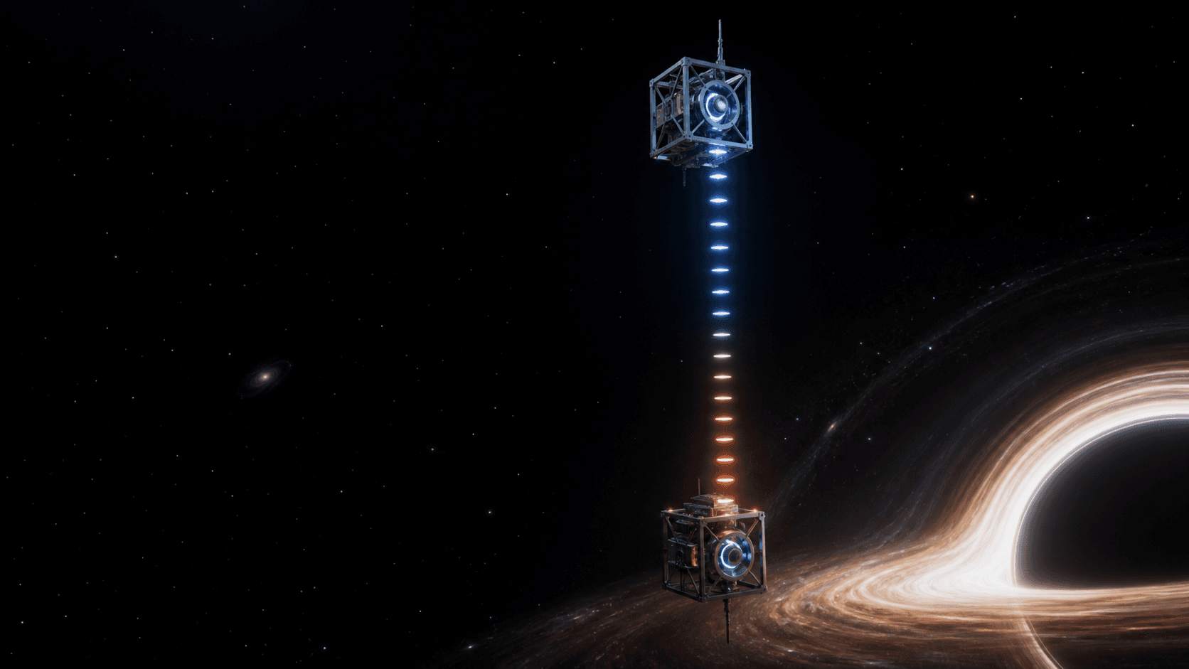 Two instrumented light clocks at different gravitational depths exchange a train of photon pulses beside a supermassive black hole.