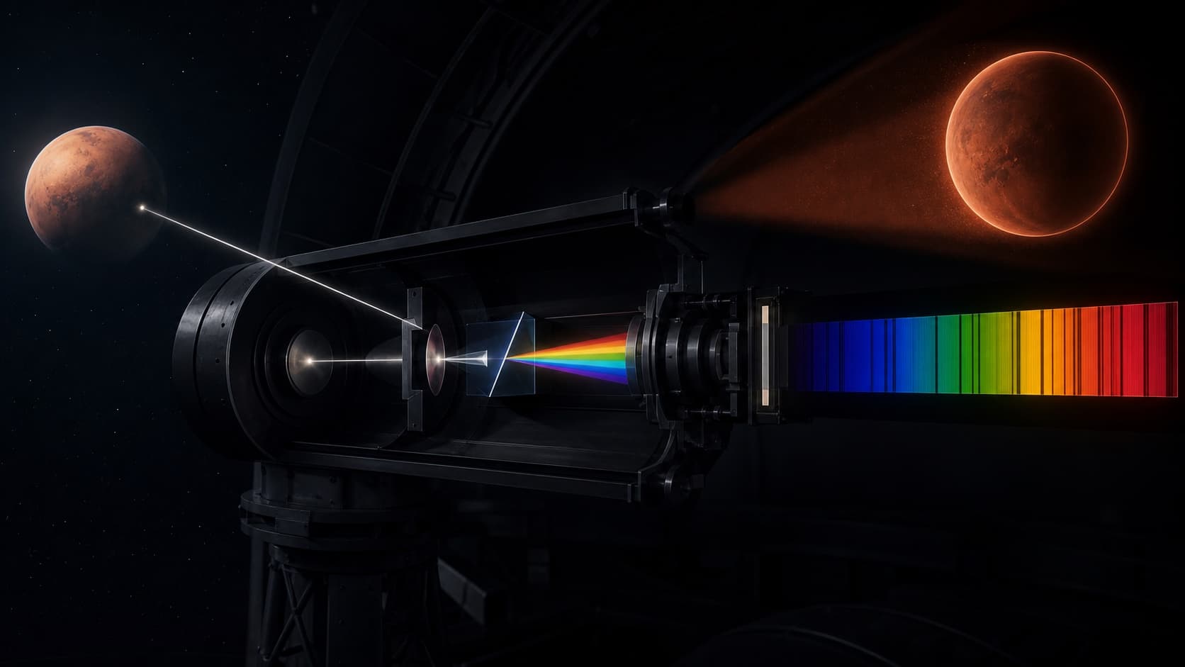 Astronomical spectrograph separating light from a distant world into a detailed rainbow spectrum.