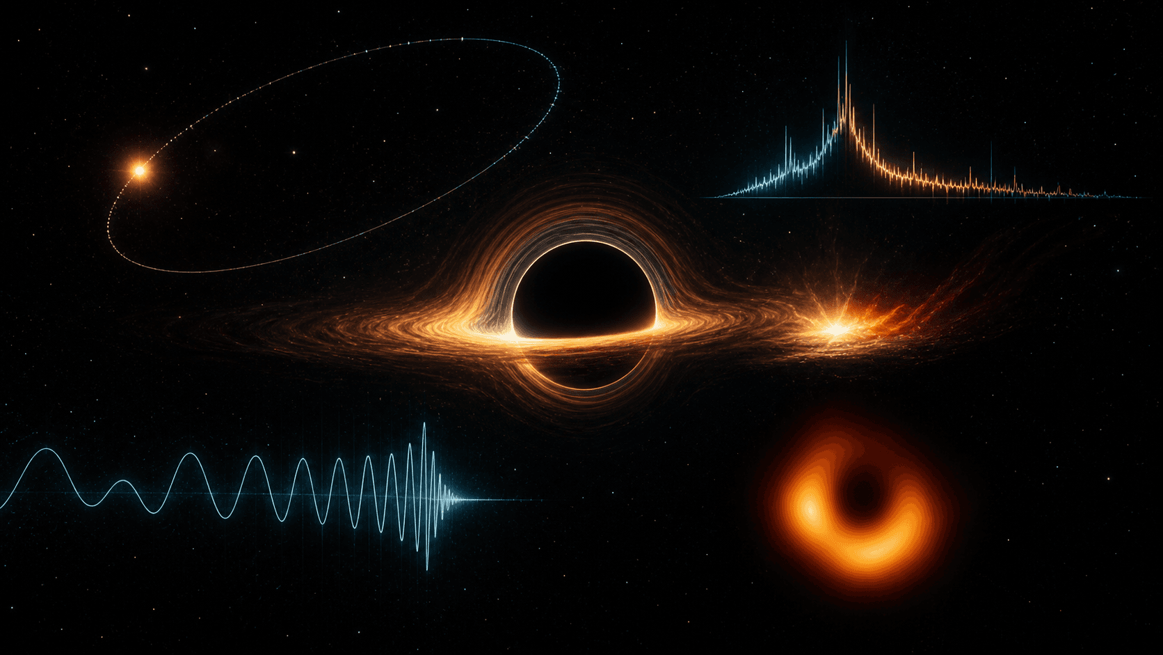 A scientific artistic reconstruction combining a stellar orbit, X-ray spectrum, gravitational-wave trace, and horizon-scale radio ring around a black hole.