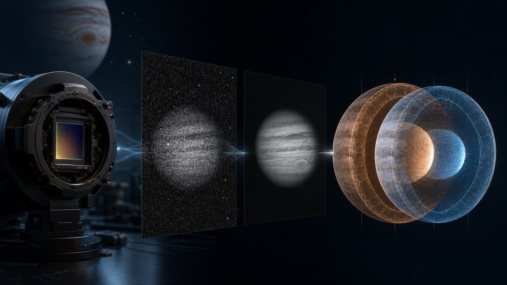 Scientific detector, raw pixel frame, processed planetary image, and overlapping interior models.