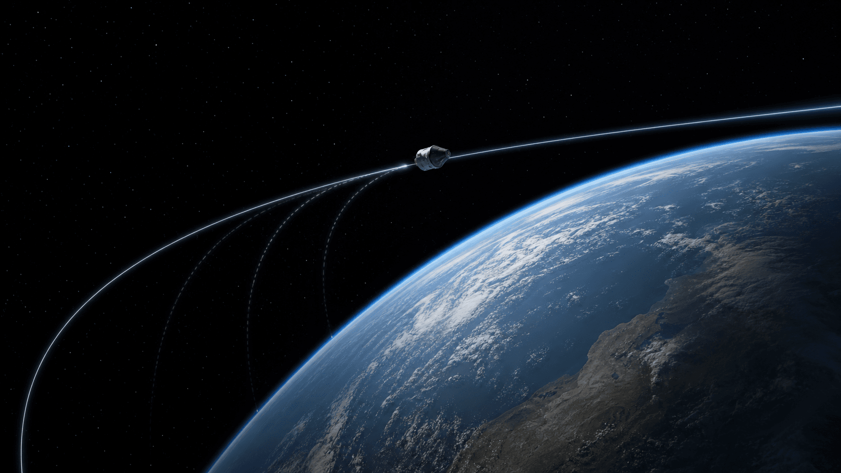 A spacecraft above Earth's curved horizon with several possible falling paths and one continuing orbital path.