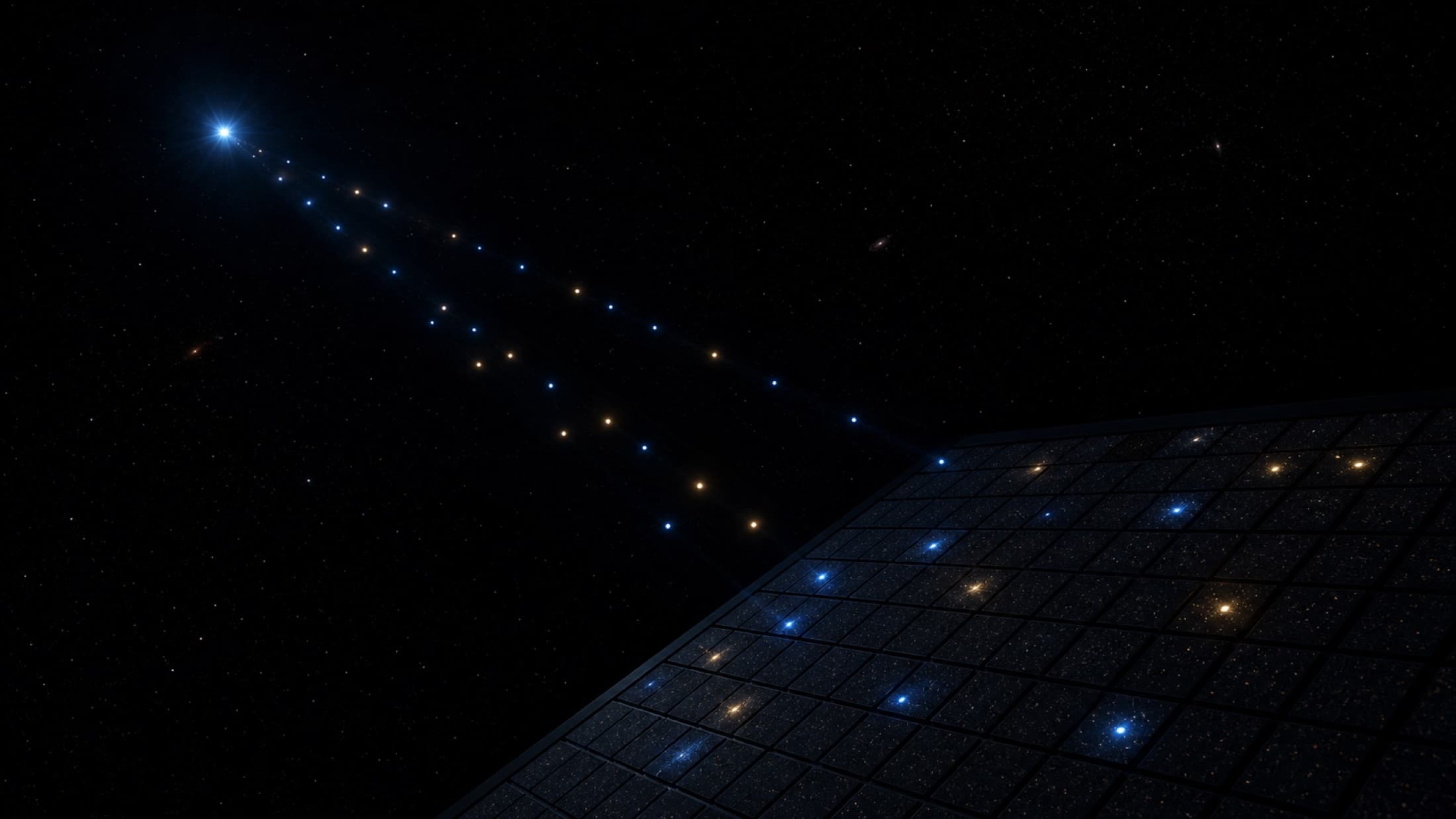 Sparse blue and gold photons land on a dark astronomical detector array beneath a faint distant star.