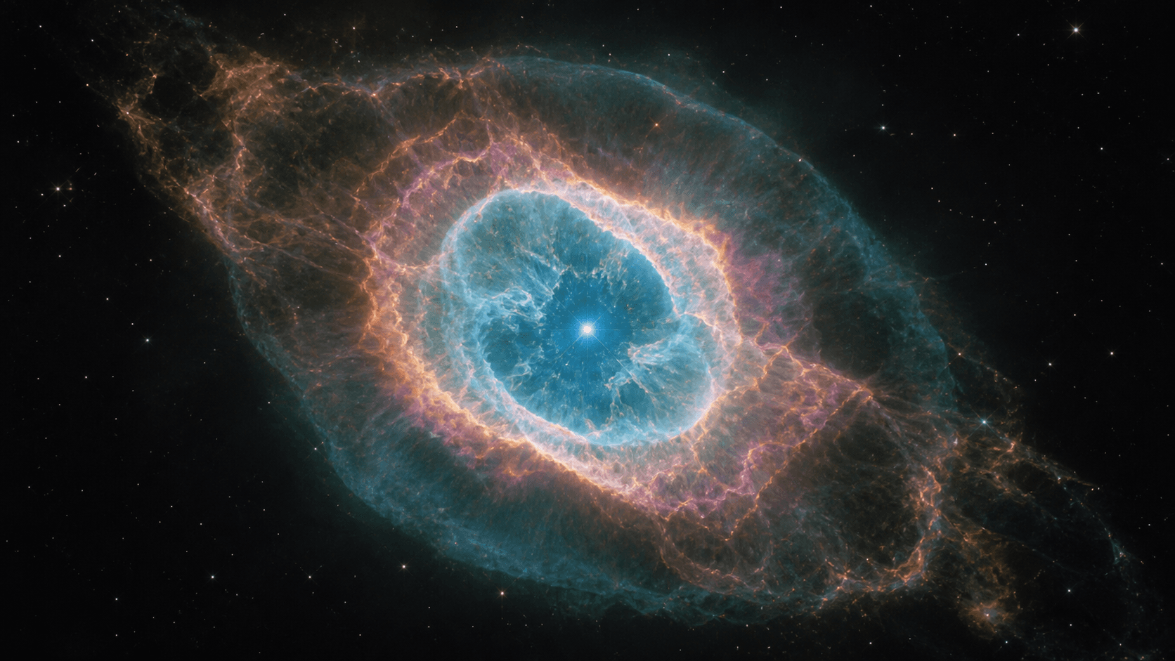 A scientific artistic reconstruction of layered ionized gas expanding around a tiny bright white dwarf at the centre of a planetary nebula.