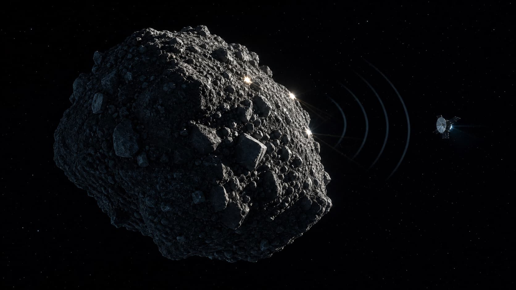 Irregular rubble-pile asteroid with a small observing spacecraft and subtle radar arcs against deep space.