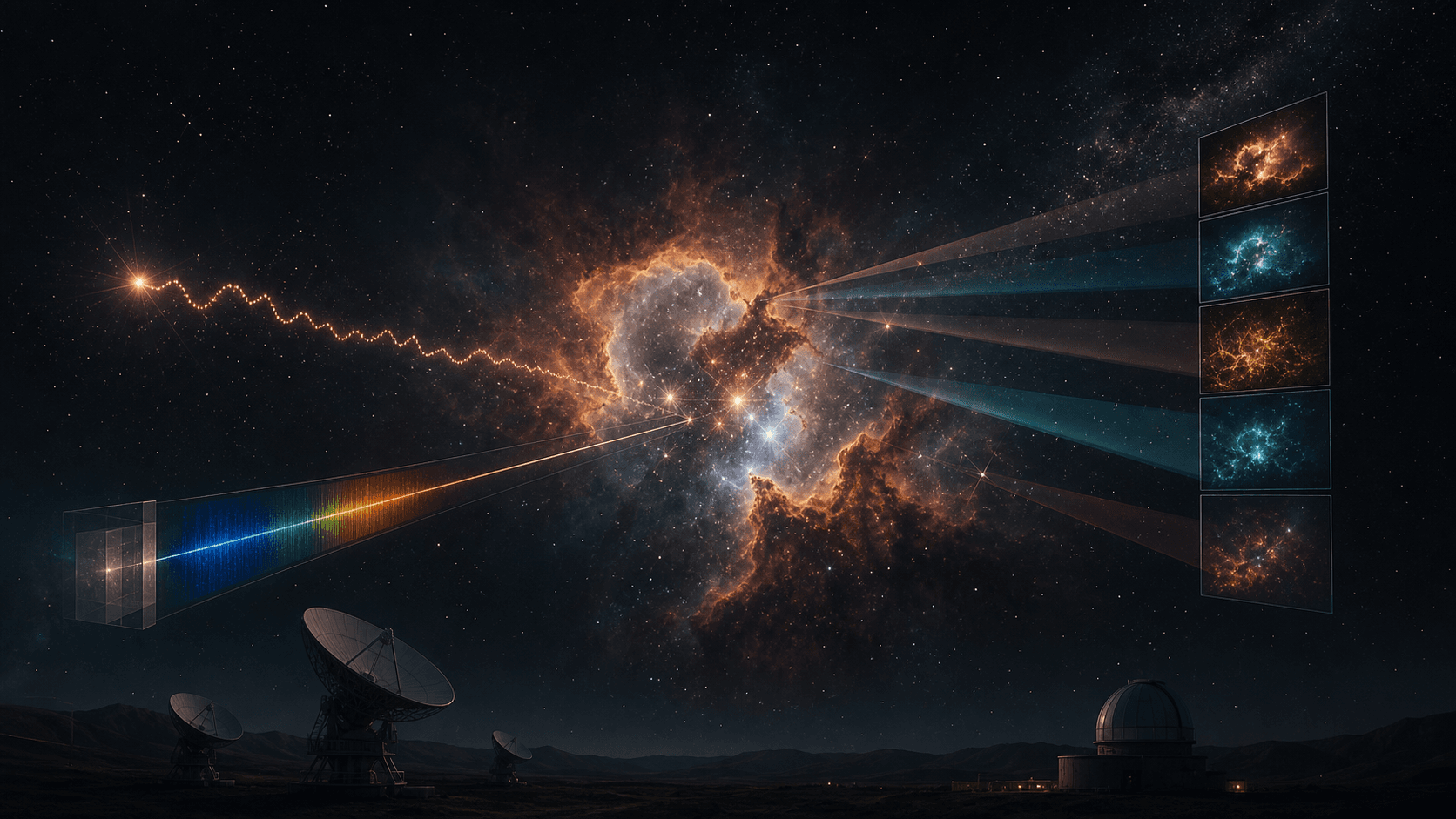 An artistic nebula is connected to several observing methods and evidence traces.