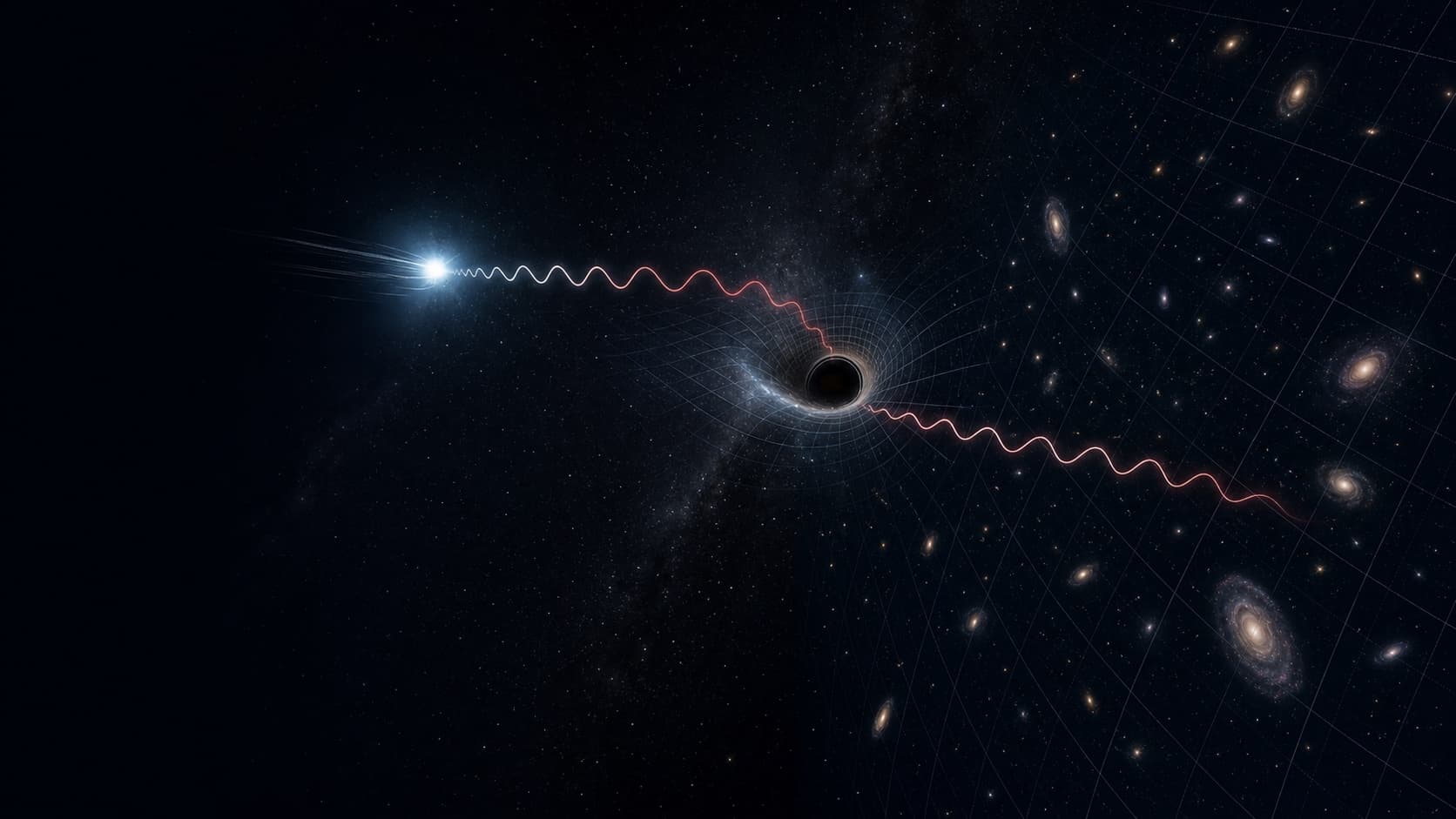 A light wave passes through scenes of relative motion, deep gravity, and an expanding galaxy field.