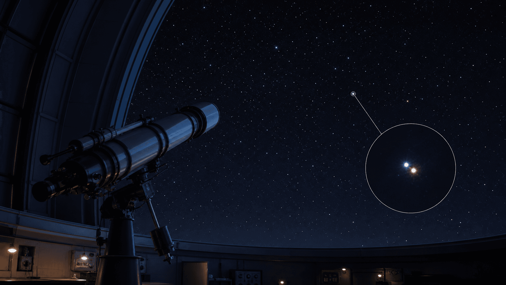 An observatory telescope views a broad star field while a close double star is enlarged as a separate detail target.
