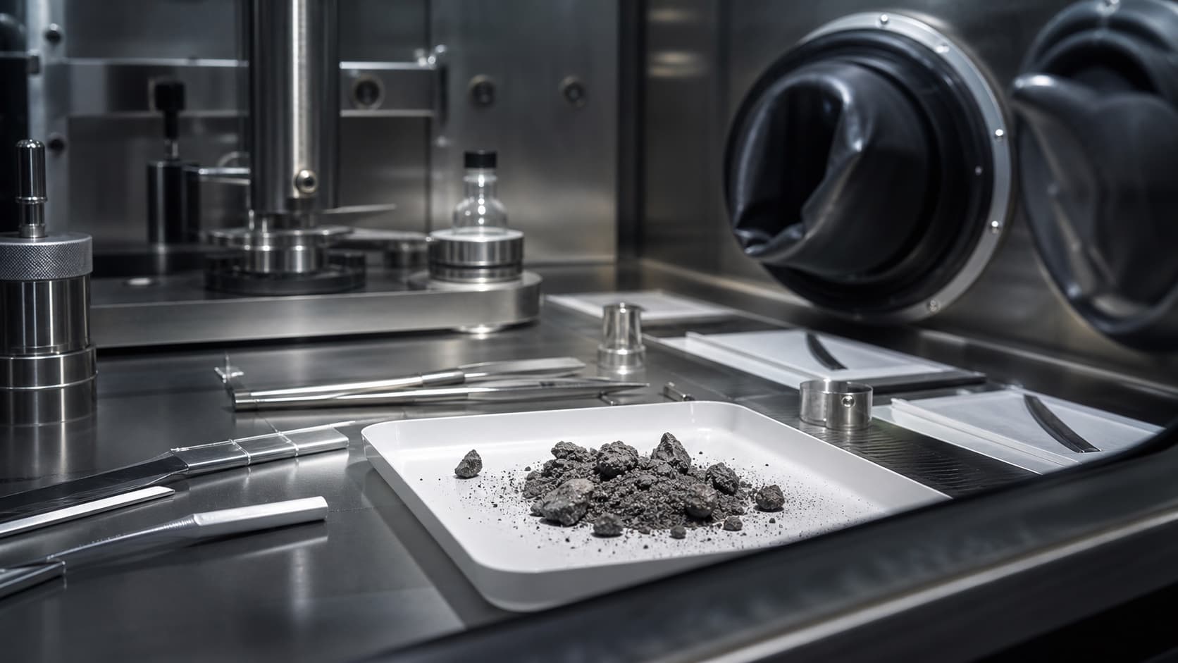 Asteroid sample being handled inside a sealed laboratory glovebox.