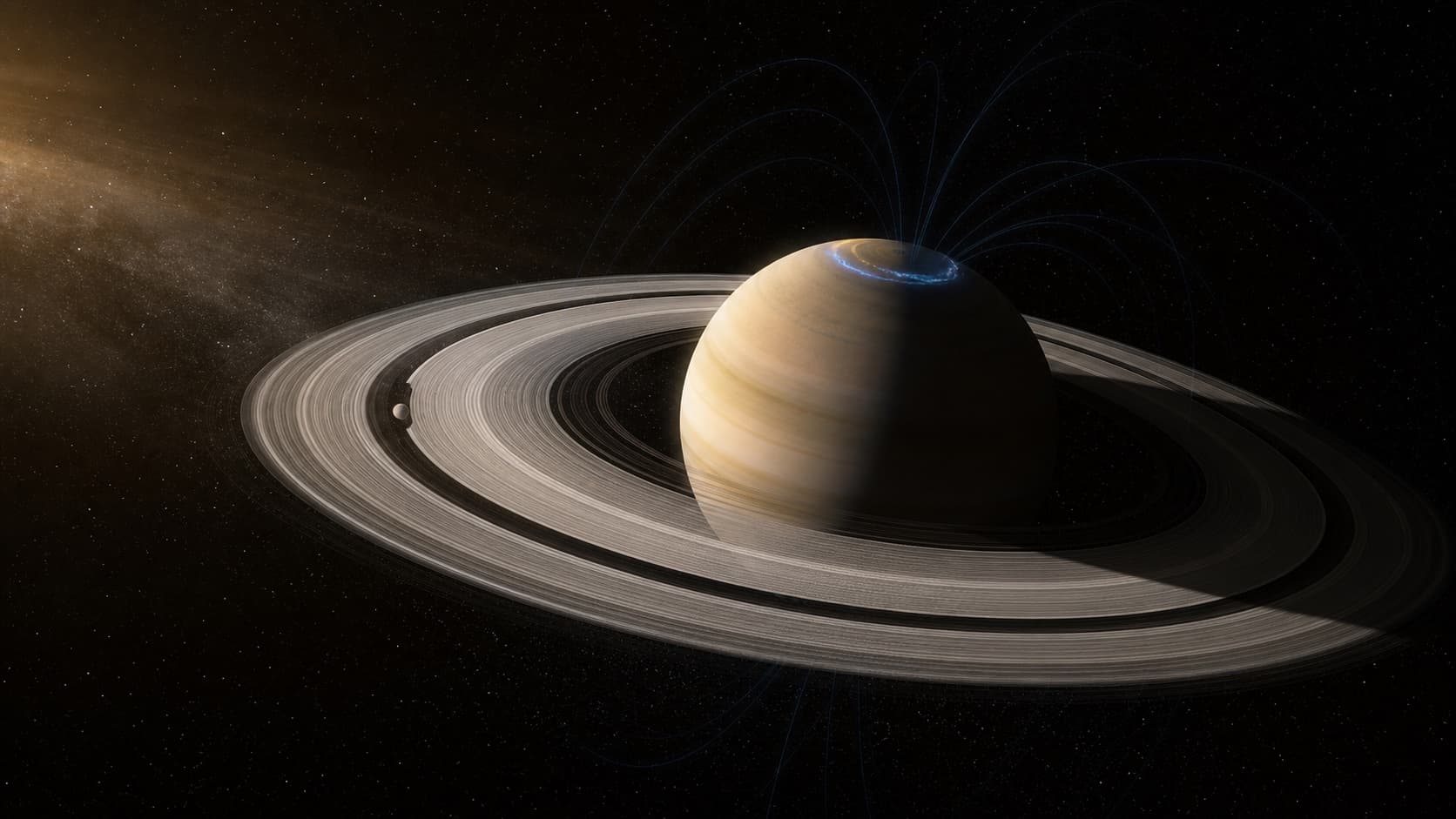 Artistic scientific reconstruction of Saturn's thin rings, a small shepherd moon, aurora, and subtle magnetic-field arcs.