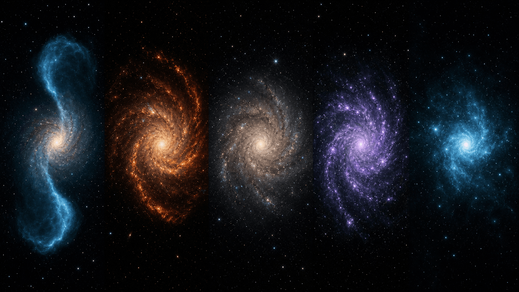 Five aligned artistic views of a spiral galaxy emphasize different wavelength-sensitive structures.