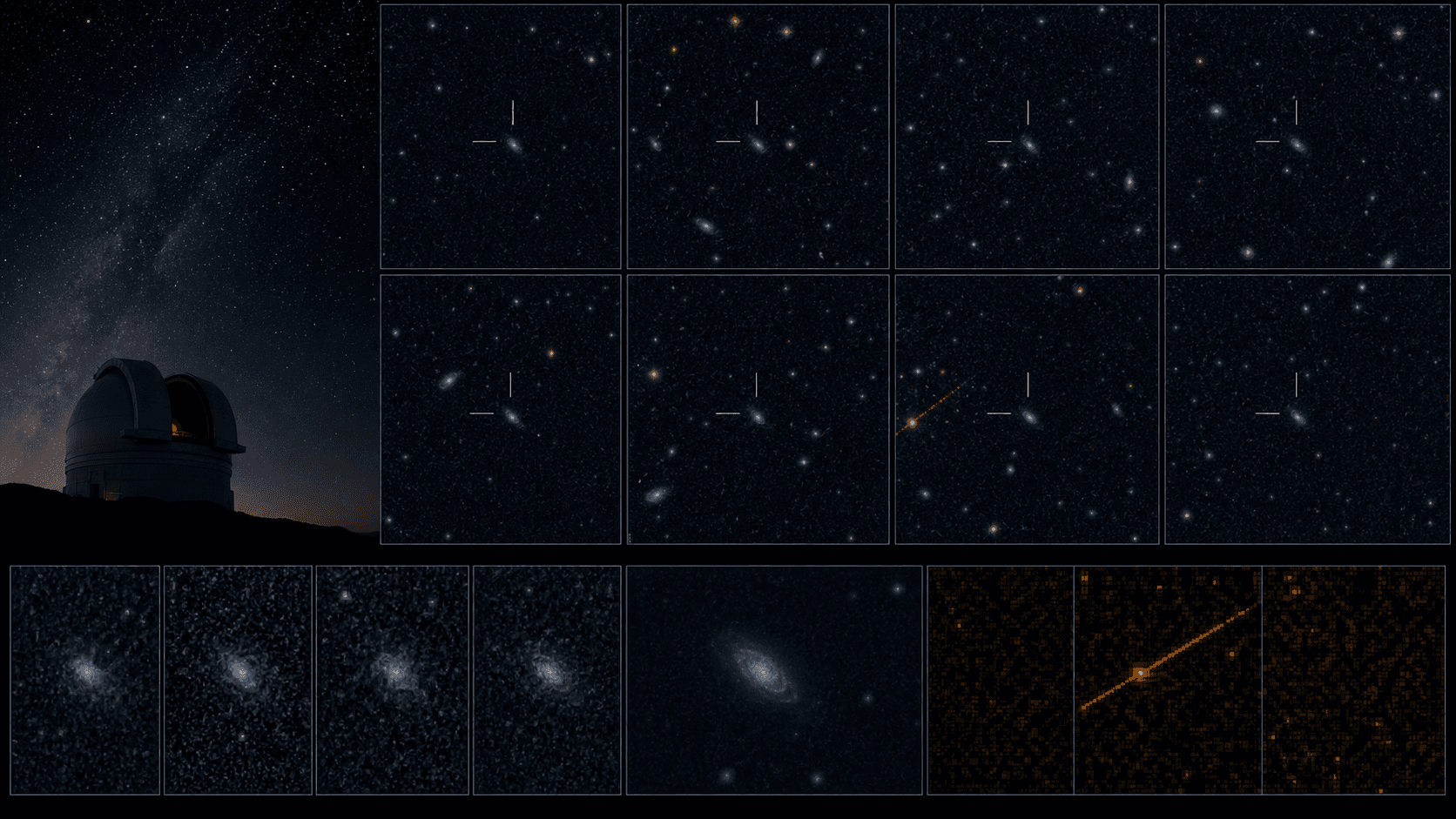 A faint galaxy repeats at the same position across several observations while random speckles and one artifact change.