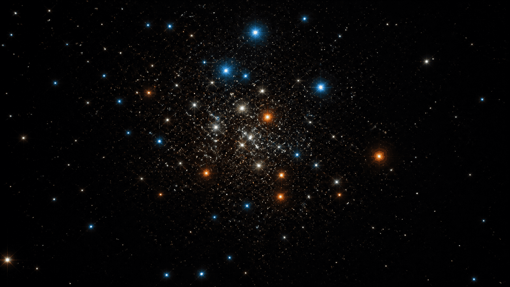 A realistic open star cluster containing hot blue stars, many white and yellow stars, and several orange evolved stars in one shared stellar family.