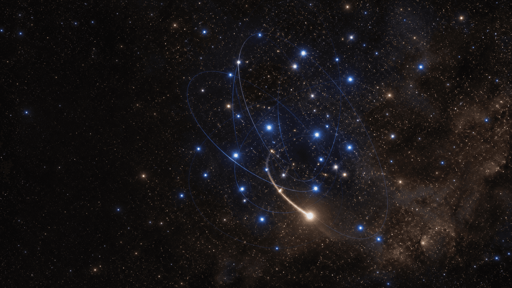 An artistic reconstruction of bright stars following differently tilted elliptical paths around one unseen focus in the dense centre of the Milky Way.