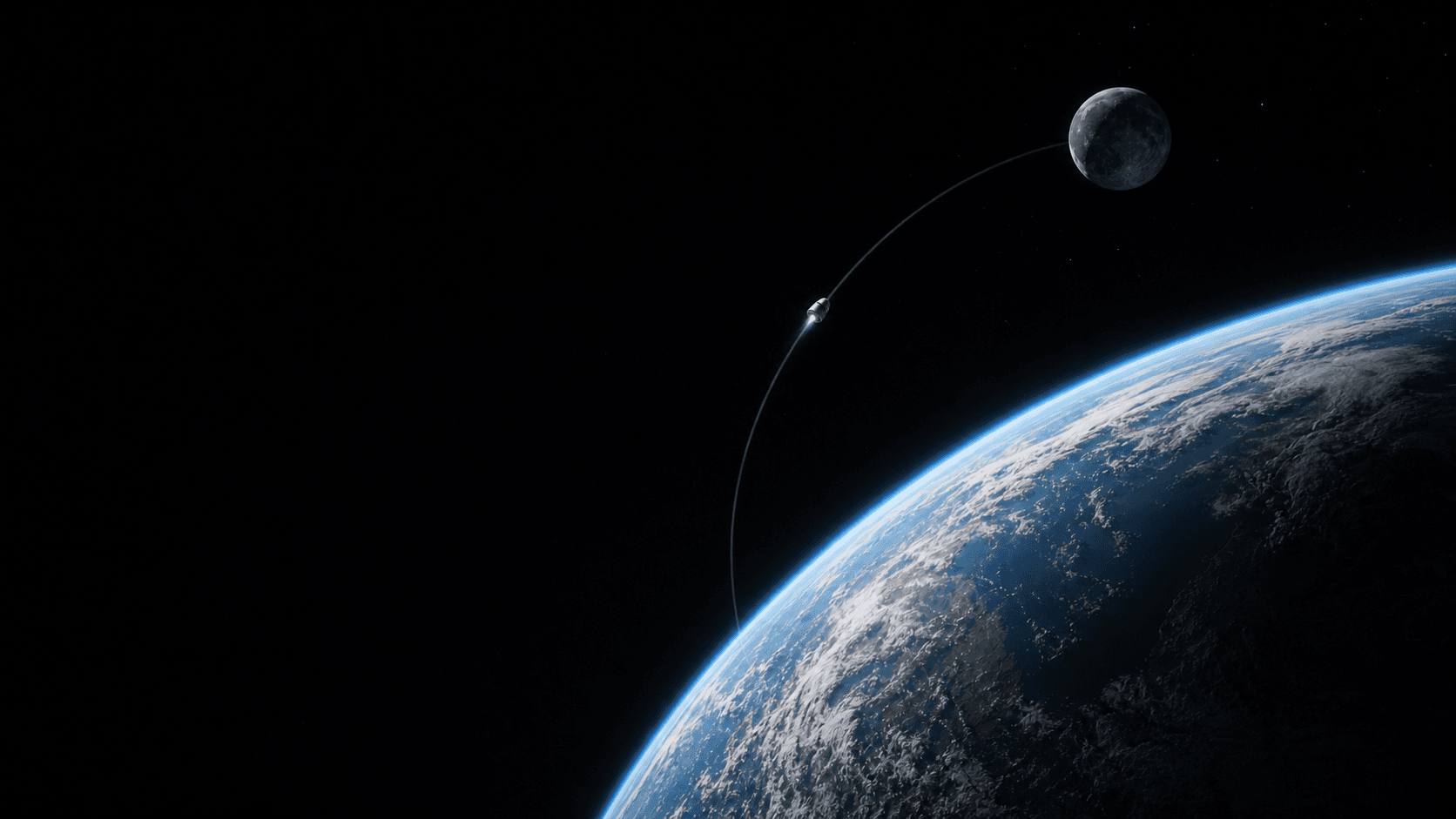 Earth, the Moon, and a spacecraft connected by one curved orbital path.