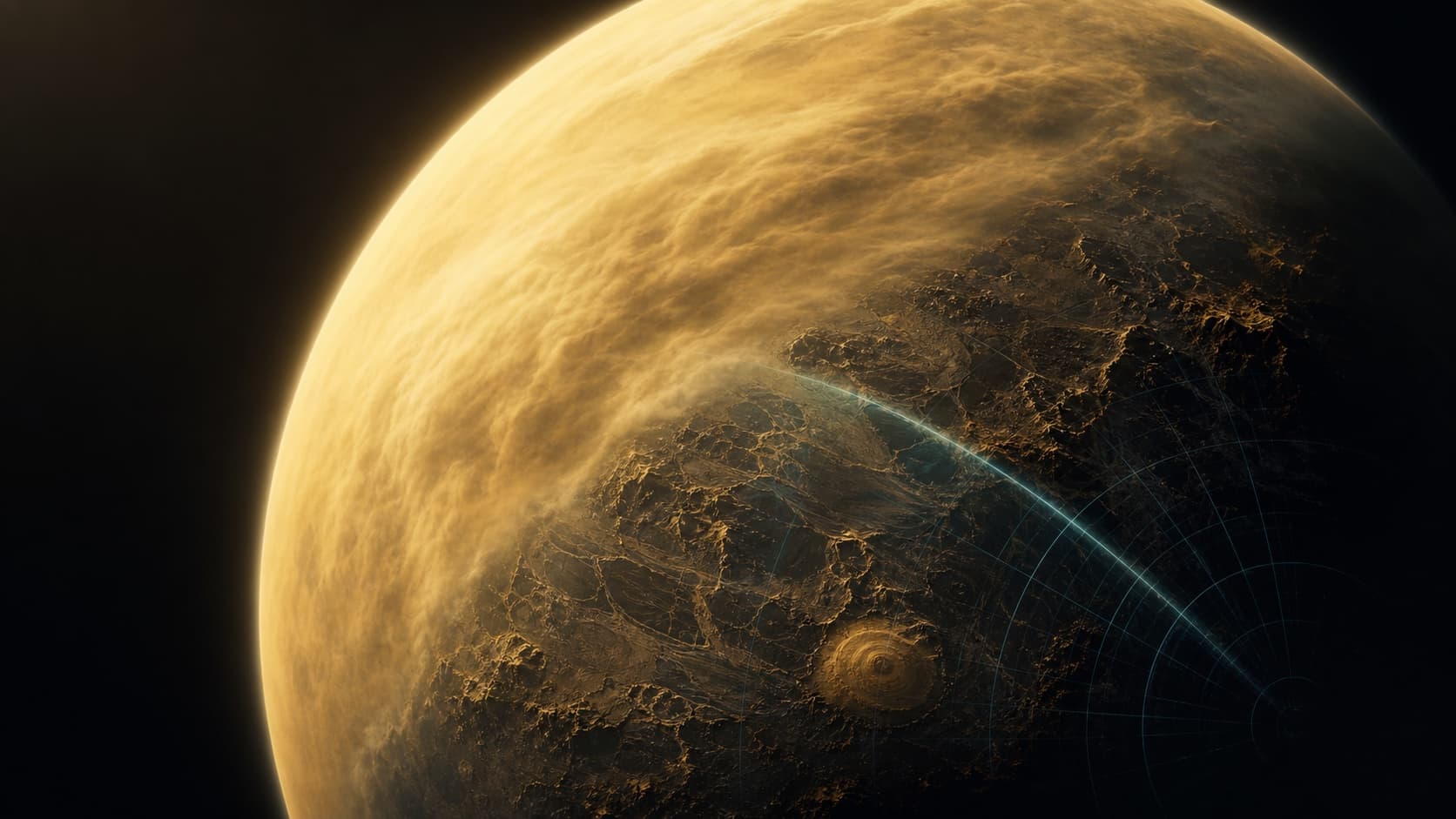 Artistic scientific reconstruction of Venus with golden clouds transitioning into a radar-like reveal of dark volcanic terrain.