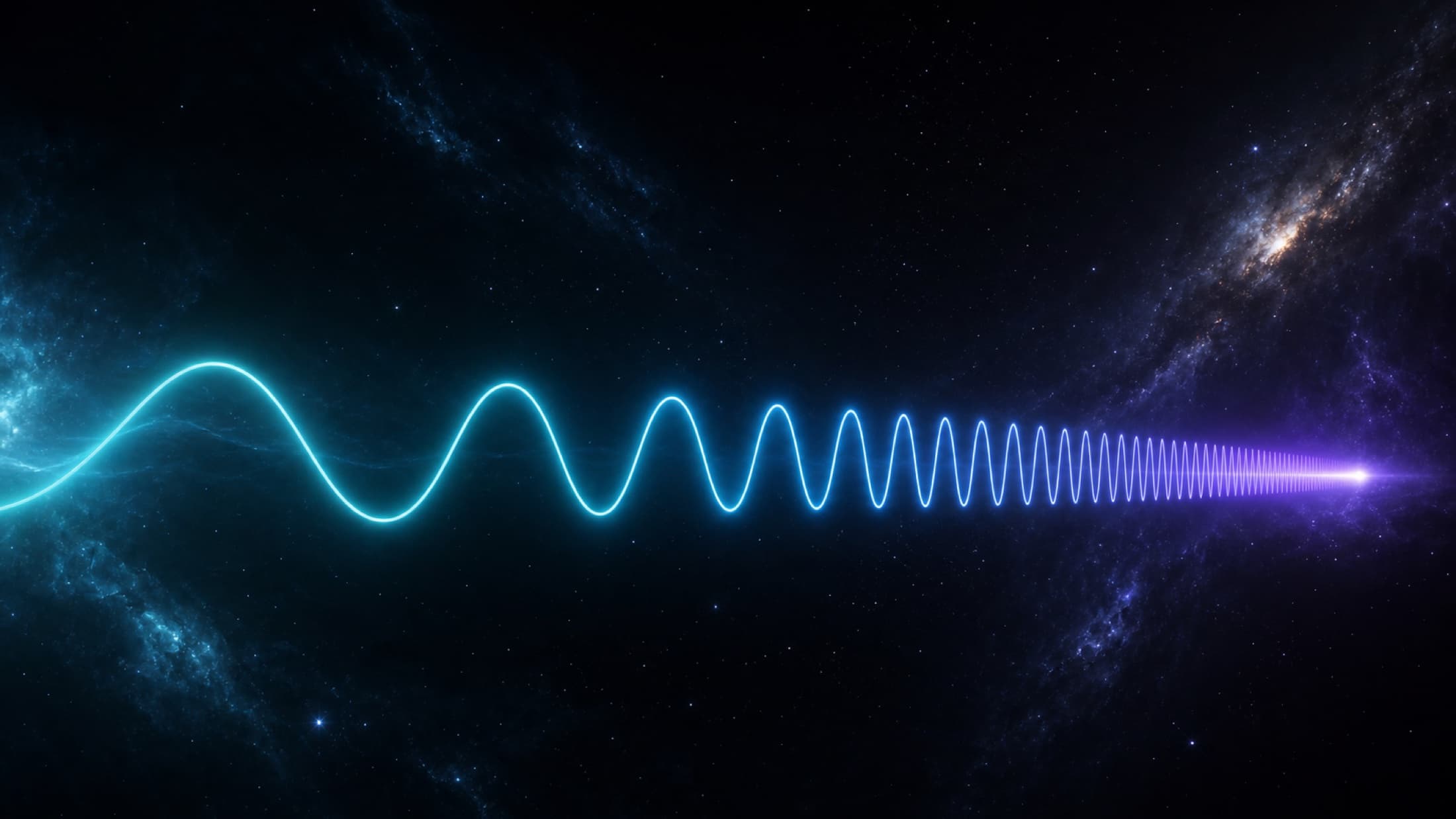 An artistic blue electromagnetic wave stretches across a dark cosmic field while compact high-frequency ripples glow nearby.