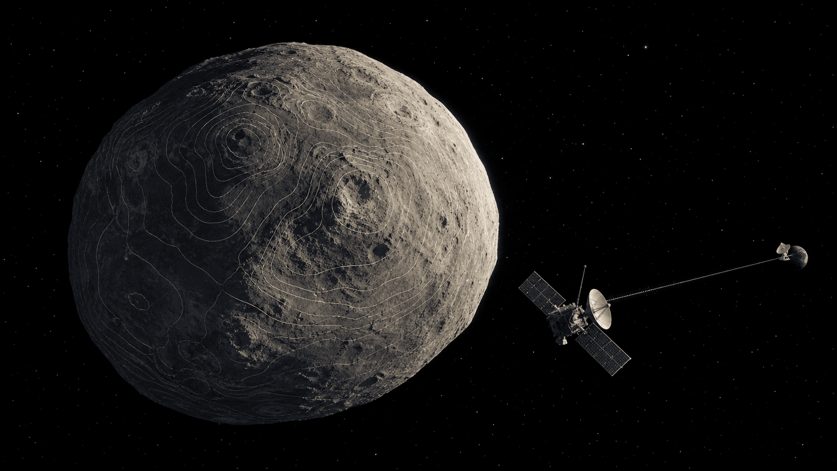 Spacecraft orbiting an asteroid while radio tracking and stylized gravity contours reveal mass distribution.