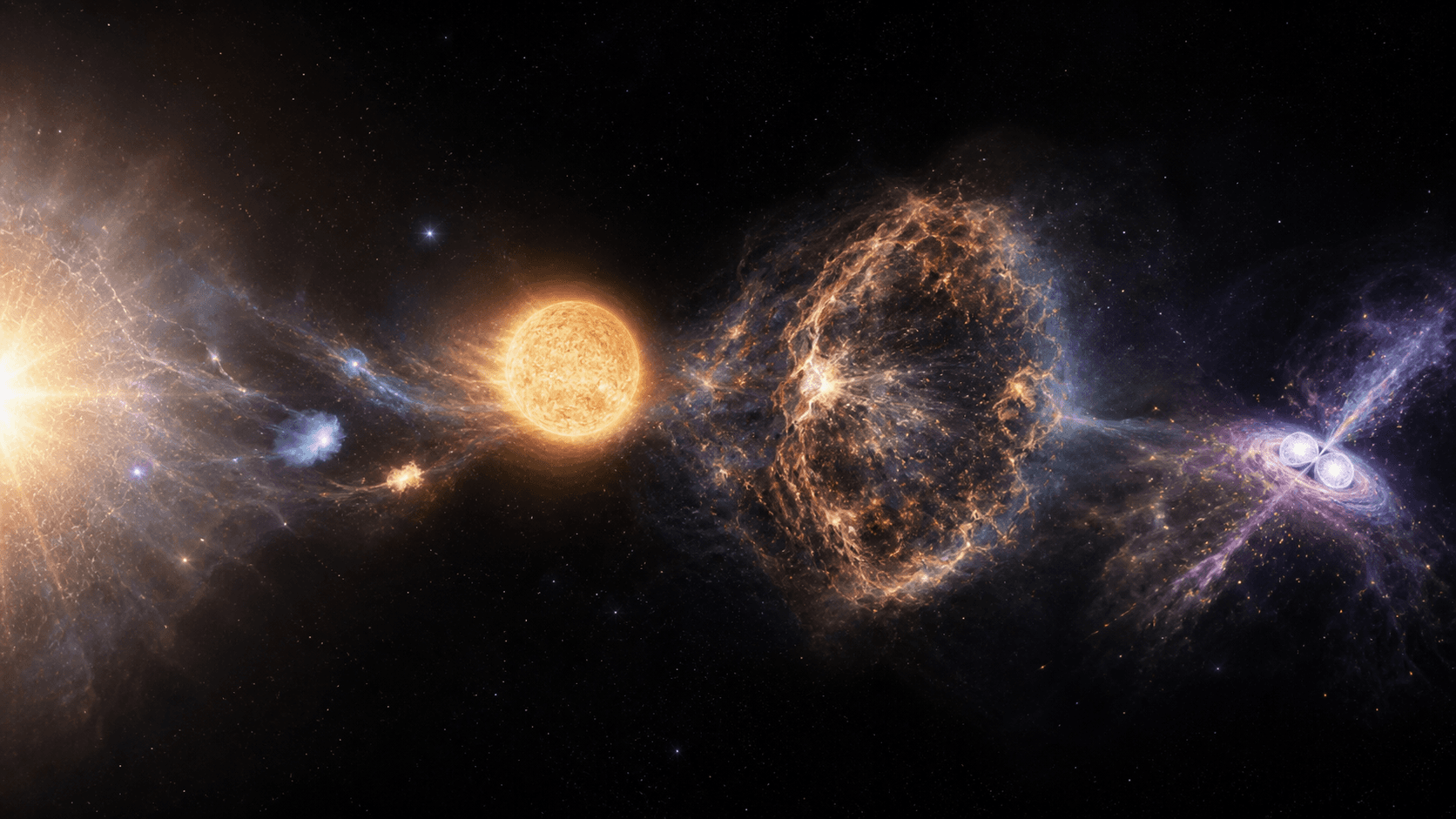 A scientific artistic reconstruction connecting the hot early universe, a glowing star, an expanding stellar explosion, and two merging neutron stars across one stream of cosmic material.