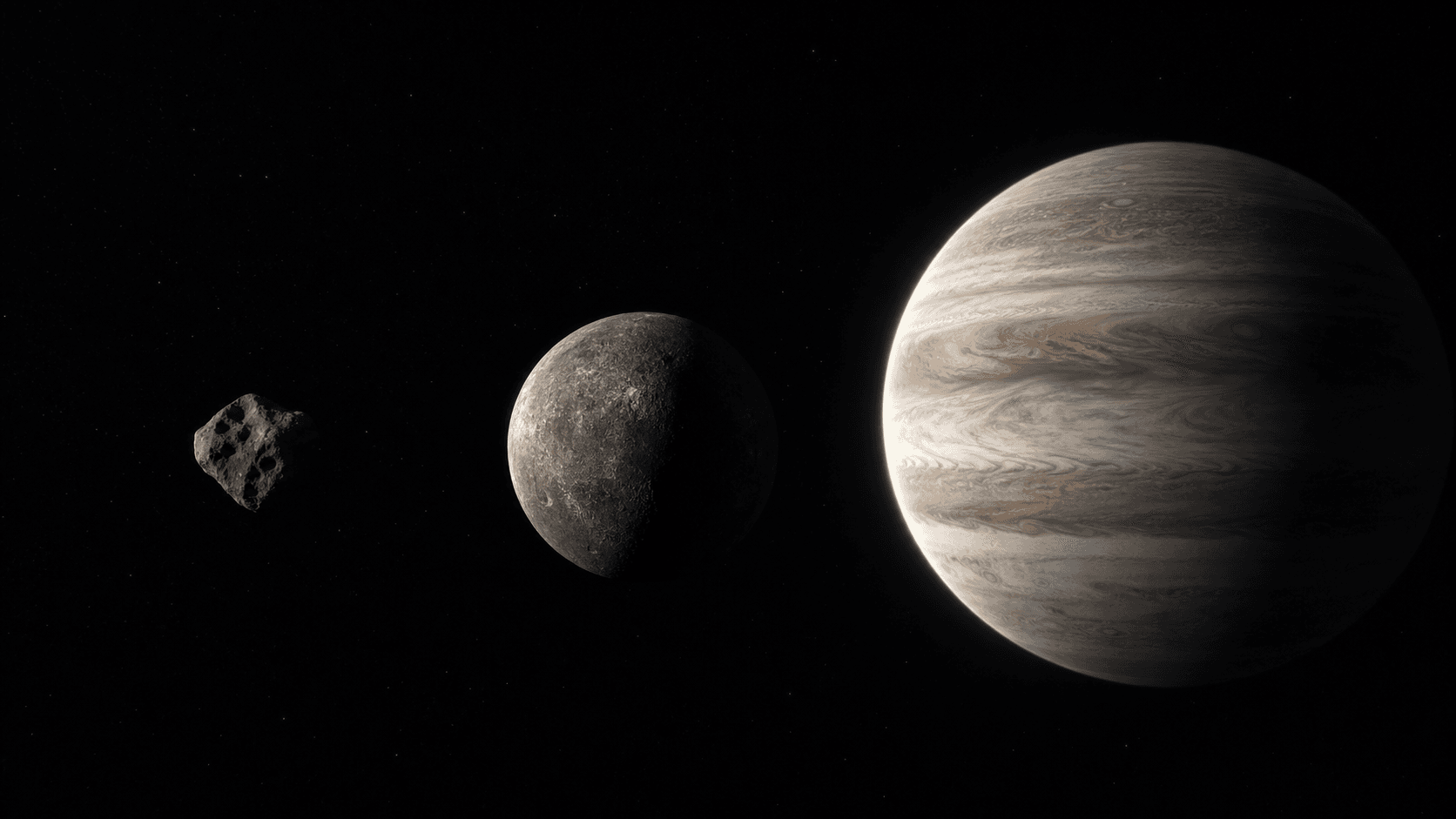 An irregular asteroid, a rounded rocky world, and a subtly flattened gas giant shown at different scales.