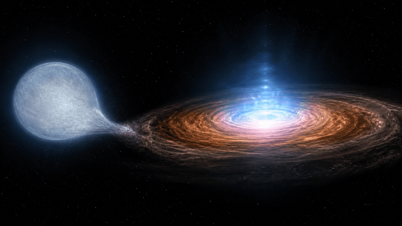 An artistic reconstruction of gas flowing from a companion star into a hot accretion disk and compact X-ray corona around an unseen black hole.
