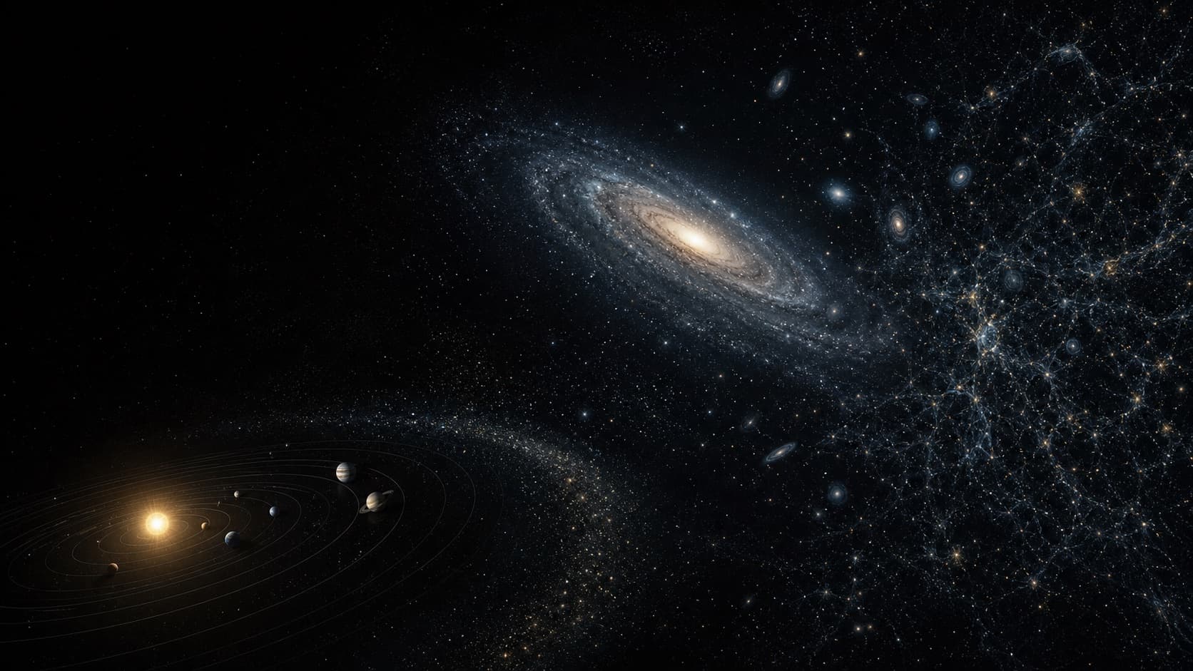 A conceptual panorama moving from the Solar System through a spiral galaxy toward the cosmic web.